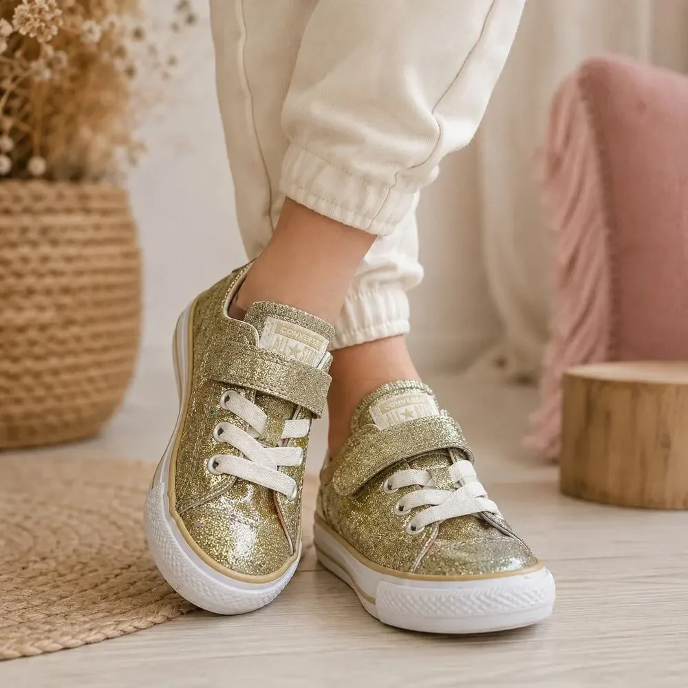 Converse Gold Sparkle Girl's Laces / Velcro Sneaker Tennis shoe 5